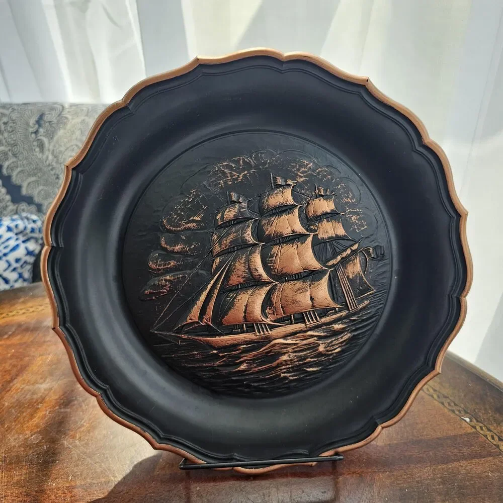 1974 Resin Ship Wall Plaque | MCM Copper Tone Sailing Boat Art